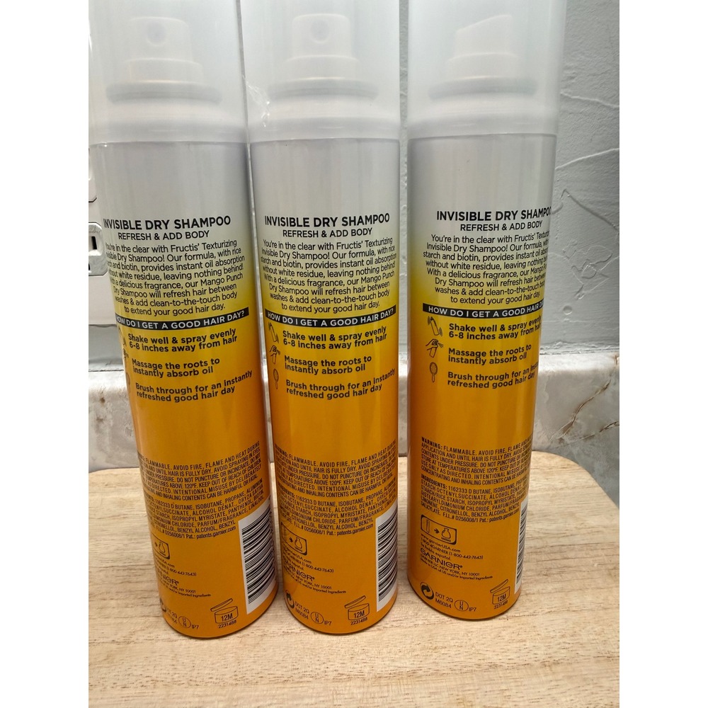 3pk Garnier Fructis Texturizing Invisible Dry Shampoo Mango Punch 3.67oz Cans - Picture 3 of 3